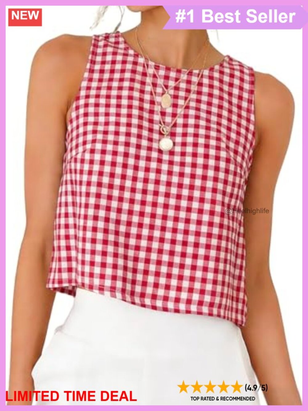Womens Gingham Plaid Crop Tank Top Sleeveless High Neck Summer